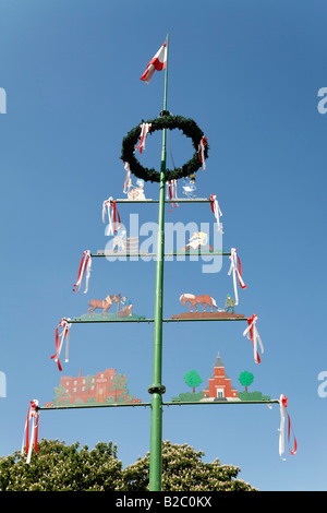 May pole decorated with a wreath and symbols, Krefeld-Linn, Lower Rhineland, North Rhine Westphalia, Germany, Europe Stock Photo