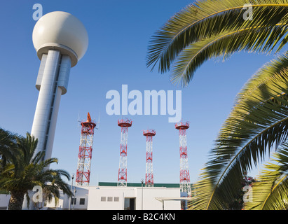 Radar towers and communications antennas at Malaga airport Spain Stock Photo