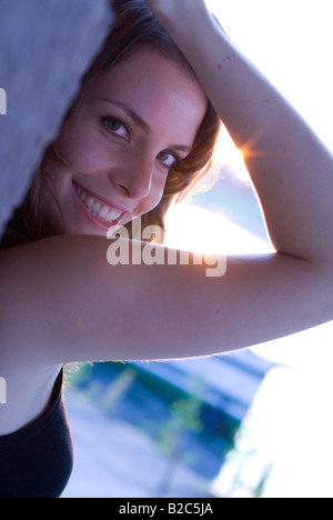 cute brown-haired woman smiling Stock Photo