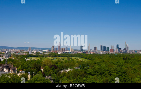 Frankfurt skyline, Deutsche Bank, Commerzbank, Messeturm tower block, German Central Bank, horse track and Niederrad golf cours Stock Photo