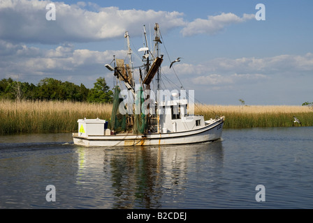 shrimp trawler heads out to sea along Scipio Creek near downtown Apalachicola Florida Stock Photo