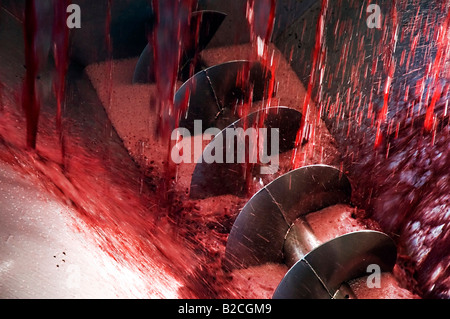 An auger used in the production of wine and dripping of red grape juice Stock Photo