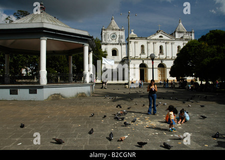 People in front of the Basilica of the Immaculate Conception, Heredia, Costa Rica, Central America Stock Photo