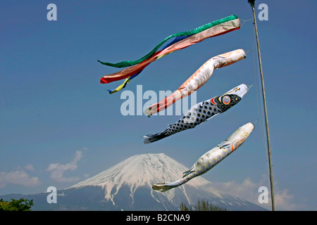 Carp Streamers(Koinobori) flying Mt Fuji background Asagiri Highland Shizuoka Japan Stock Photo