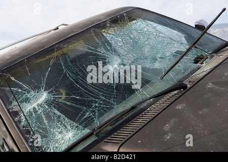 Close-up of car with broken windshield Stock Photo