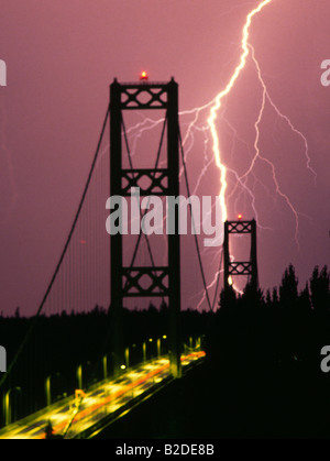 Tacoma Narrows Bridge DOT Washington State in a Lightning Storm Electrical Thunderstorm Storms Stock Photo