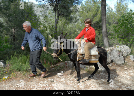 man leading young girl on a donkey, near Campell, Marina Alta, Alicante Province, Comunidad Valenciana, Spain Stock Photo