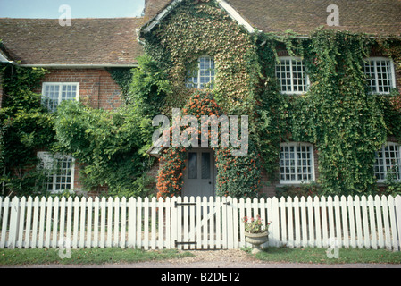 White picket fence in front of traditional old house with ivy covered walls Stock Photo