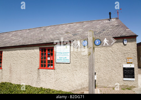 Amlwch Port Anglesey North Wales UK  Sail Loft Visitor Centre and Isle of Anglesey Coastal Path sign Stock Photo