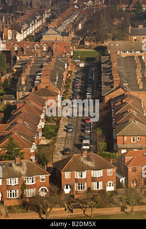 Aerial shot of a residential street of traditional 1930's semi-detached houses in York UK. Stock Photo