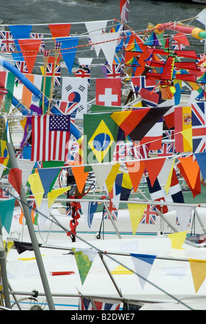 Flags and bunting on river boats at Maidstone river festival 2008 Stock Photo