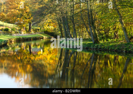 The River Esk flowing gently under trees with autumn colours near Egton Bridge in North York Moors National Park