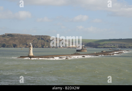 Plymouth breakwater and Lighthouse in Plymouth Sound outside Plymouth harbour England seen from the sea Stock Photo