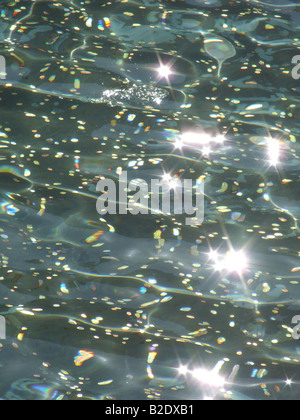 lots of sparkling coins in a wishing well water Stock Photo