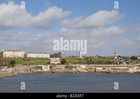 Plymouth Hoe seen from the sea acroos the Sound from Brittany Ferries ship Pont Aven in the harbour England Stock Photo