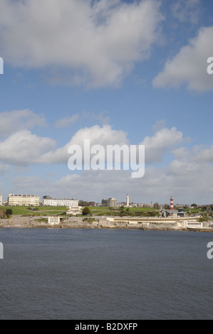 Plymouth Hoe seen across the Sound from the sea in the harbour England Stock Photo