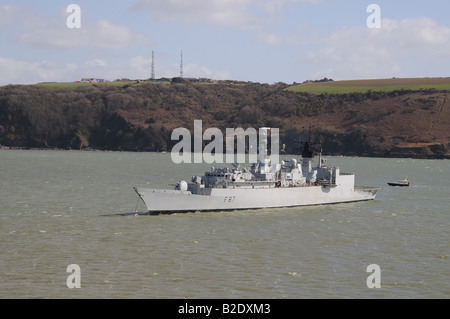 Royal Navy ship in Plymouth Harbour England This is HMS Chatham pennant number F87 which is a type 22 batch 3 frigate Stock Photo