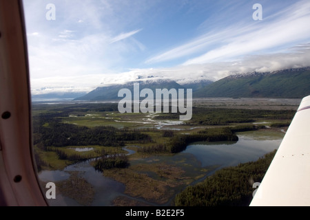 Flight/Sight seeing trip with a small air plane from Palmer AK via the Knik River Valley towards Knik River Glacier, Alaska Stock Photo