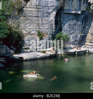 People bathing in La Beaume river Gorges de la Beaume Ardèche departement France Stock Photo