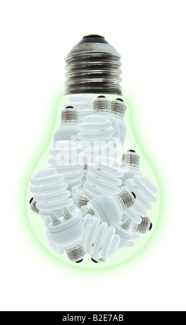Conceptual image of a group of energy saving light bulbs inside incandescent bulb on white Stock Photo