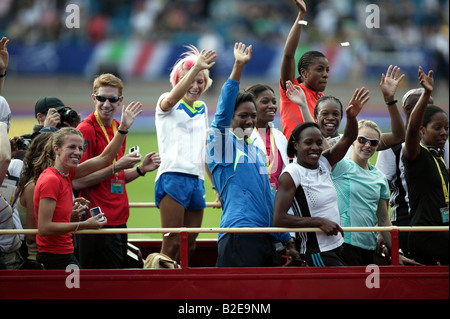 British Olympic Athletes  bound for Beijing,  being given a rousing send-off by the crowd at the Aviva London Grand Prix Stock Photo