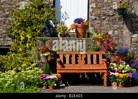 Empty bench surrounded with potted plants, Kirkby Lonsdale, Combria, England Stock Photo