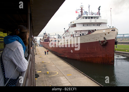 American Victory freighter in the Soo Locks at Sault Ste Marie Michigan Stock Photo