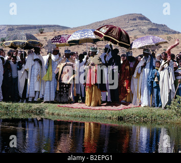 Ethiopian Orthodox priests celebrate Timkat (Epiphany), the church's most important Holy Day. Stock Photo