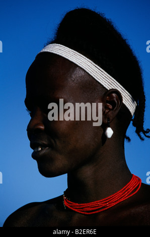 A Dassanech woman shows off her distinctive hairdo. Much the largest of the tribes in the Omo Valley numbering around 50,000. Stock Photo