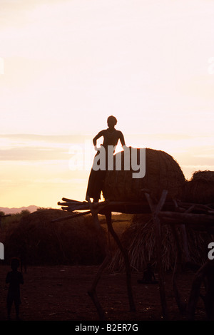 A Dassanech girl leaning against a bale of cattle fodder on a raised platform is silhouetted against the evening sky. Stock Photo