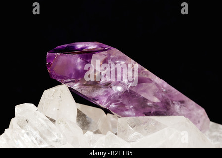 Amethyst sharp shaped crystal energizing on druze of quartz crystals black background Stock Photo