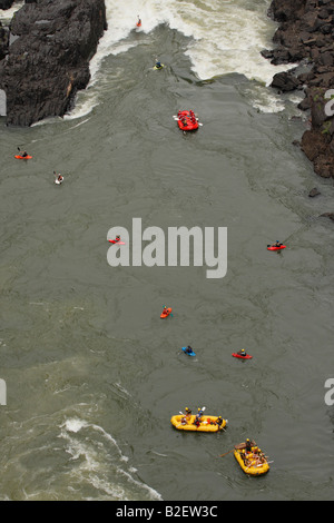 Aerial view of rafts and kayaks on the Zambezi river viewed from overhead Stock Photo