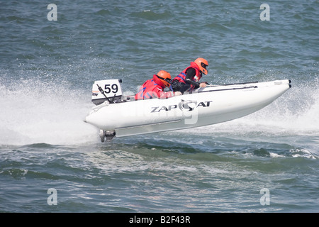 A racing ZapCat inflateable catamaran airborne from the waves Stock Photo