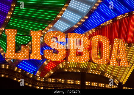 MACAU CHINA - Neon lights and signs of Casino Lisboa at night. Macau is the only region in China where gambling is permitted. Stock Photo
