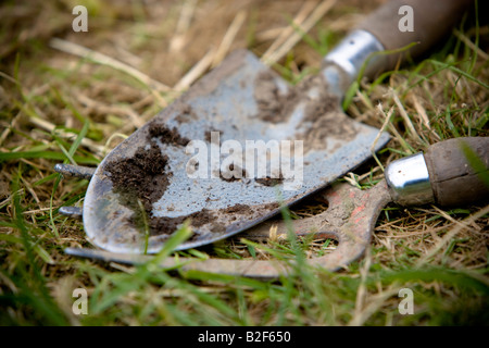 trowel and hand fork used for gardening Stock Photo