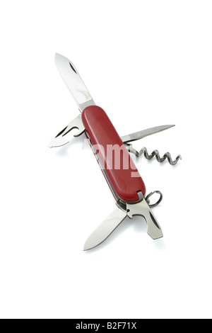 Red Swiss army pocket knife on white background Stock Photo