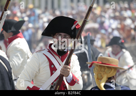 A member of the Spanish forces clearly enjoying himself during a reenactment of the 1797 battle of Santa Cruz, Tenerife
