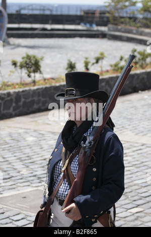 A female member of the English forces marching during a reenactment of the 1797 battle of Santa Cruz, Tenerife