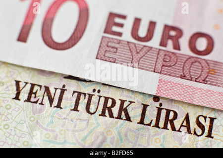 10 Euro banknote on top of a New Turkish Lira banknote Stock Photo