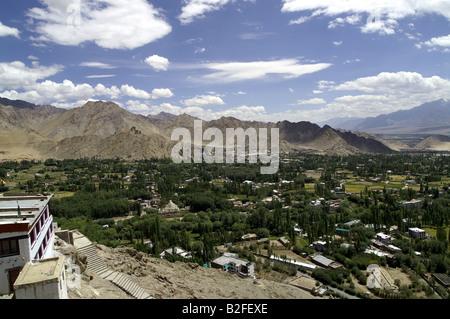 View of Leh town in Ladakh from Shanti Stupa, India, Himalayas Stock Photo