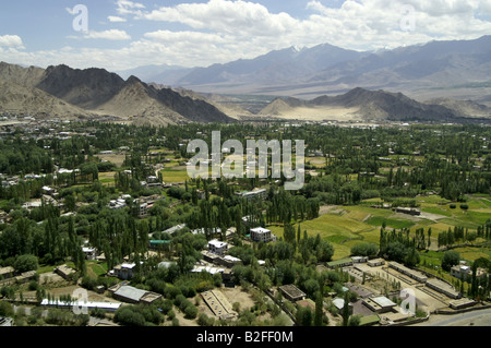 View of Leh town in Ladakh from Shanti Stupa, India, Himalayas Stock Photo