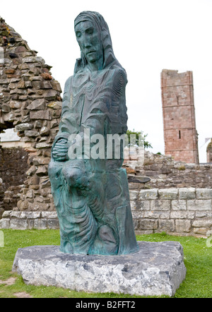 Statue Of Saint Cuthbert Lindisfarne Priory Holy Island Northumberland UK Stock Photo