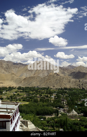 View of Leh town in Ladakh from Shanti Stupa, India, Himalayas Stock Photo