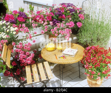 balcony with different flowers Stock Photo