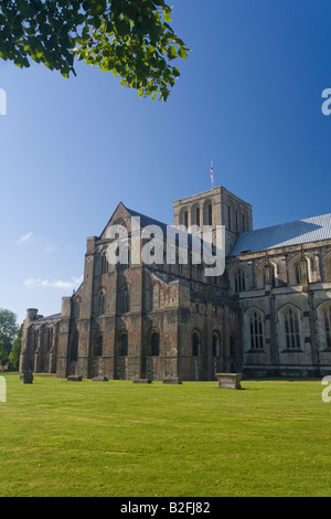Winchester Cathedral exterior in early sunshine summer morning Hampshire England United Kingdom GB Great Britain British Isles Stock Photo