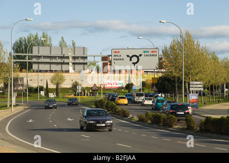 SPAIN Salamanca Sign for rotary with directions to Avila and Madrid along Paseo del Progerso traffic on road Stock Photo