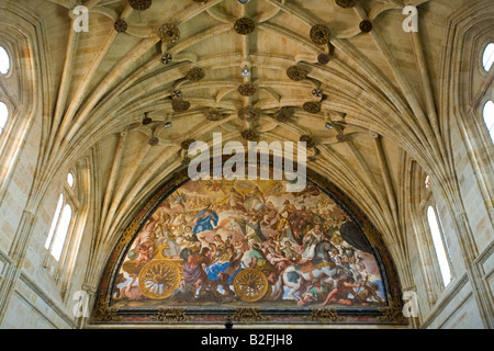 SPAIN Salamanca Interior of Church of Saint Stephen San Esteban mural in balcony choir loft Stock Photo