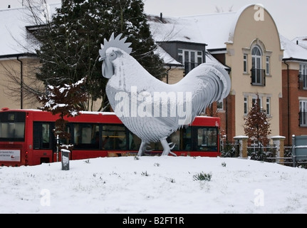The giant 10 feet high sculpture of a Dorking cockerel at Deepdene roundabout, Dorking, Surrey Stock Photo