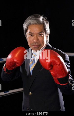 Businessman wearing boxing gloves in a boxing ring Stock Photo