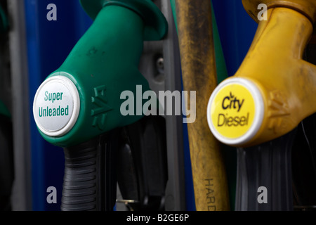 handles of city diesel and super unleaded fuel pumps at a garage service station county down northern ireland Stock Photo
